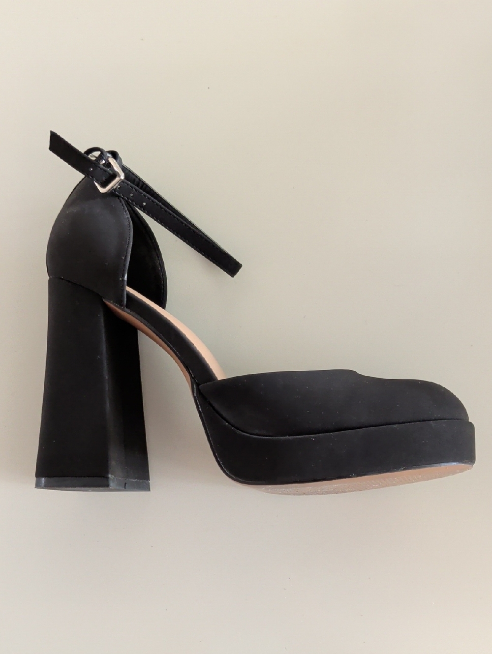 Black Platform Ankle-Strap Block Heel Pump